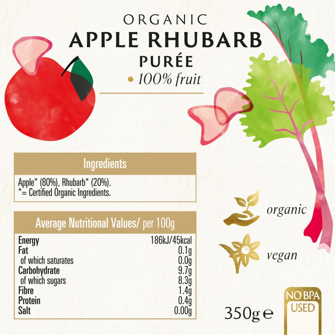 Label for organic apple rhubarb puree with illustrations of an apple and rhubarb.