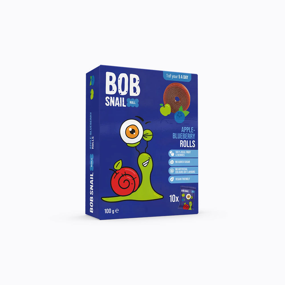 Box of BOB Snail rolls with a cartoon snail design on a white background