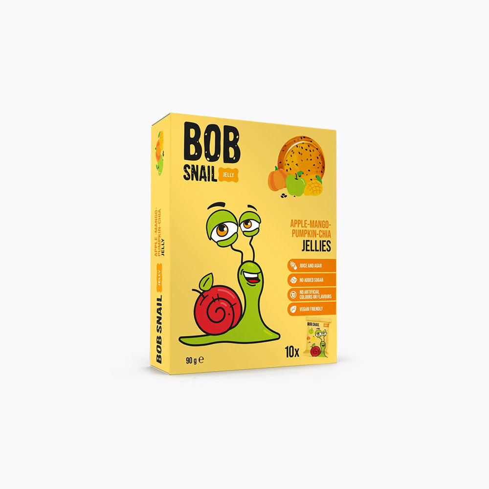 Box of BOB Snail Jellies with a cartoon snail on a yellow background