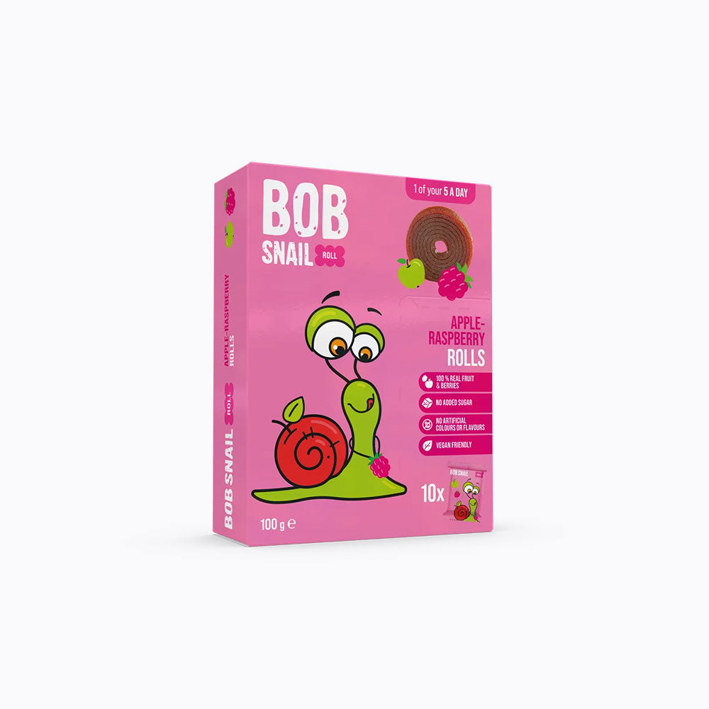 Pink packaging of BOB Snail Rolls with a cartoon snail on a white background