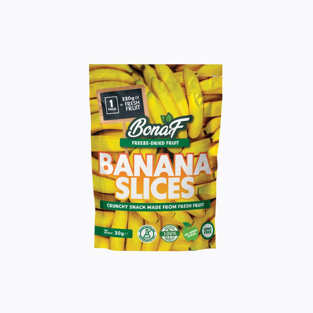 Packaging of Bona F Banana Slices on a white background