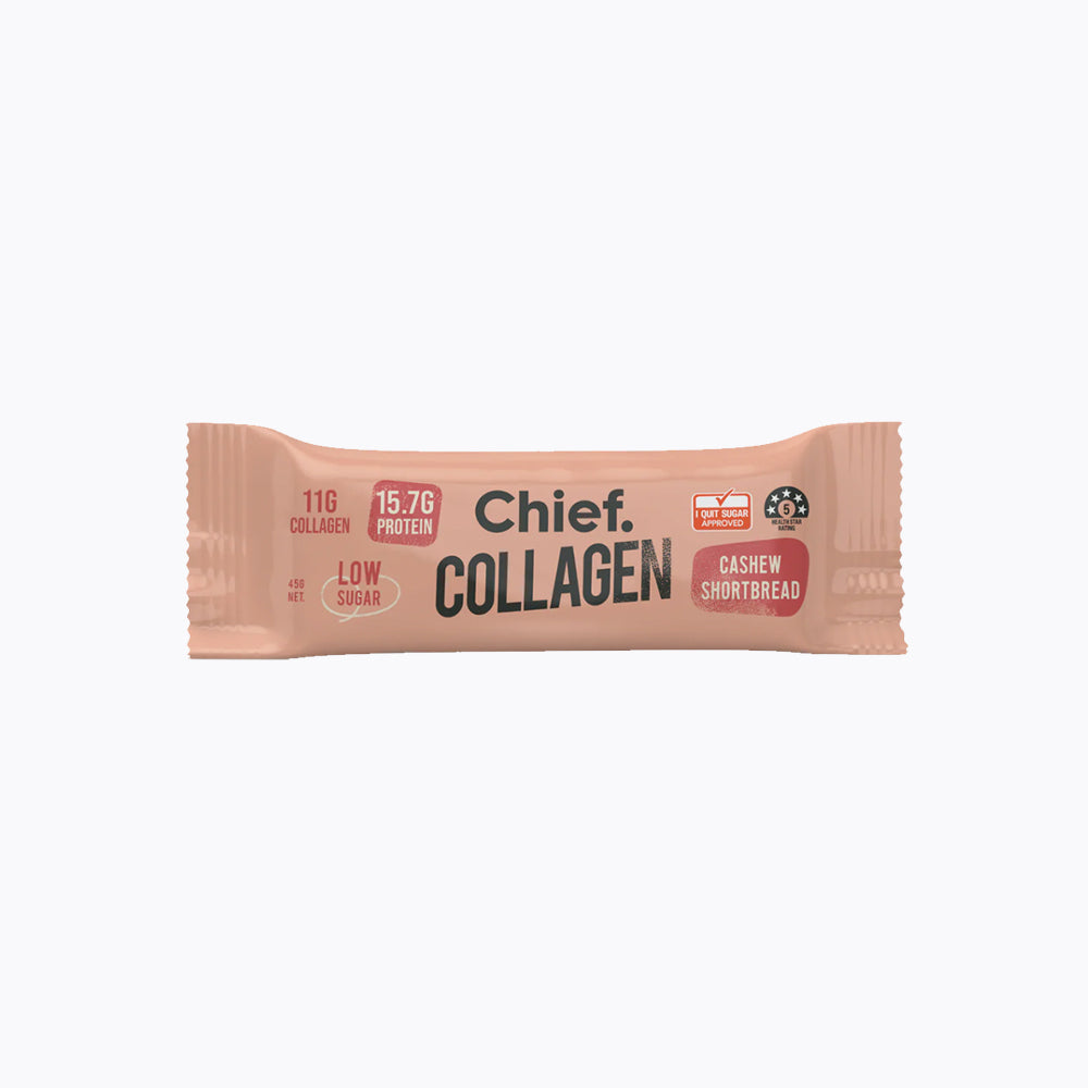 Packaging of Collagen Cashew Shortbread Protein Bars 45g by Chief. Featuring dietary preferences like dairy free, gluten free, grass fed, gut friendly, high protein, keto friendly, low sugar, and refined sugar free.