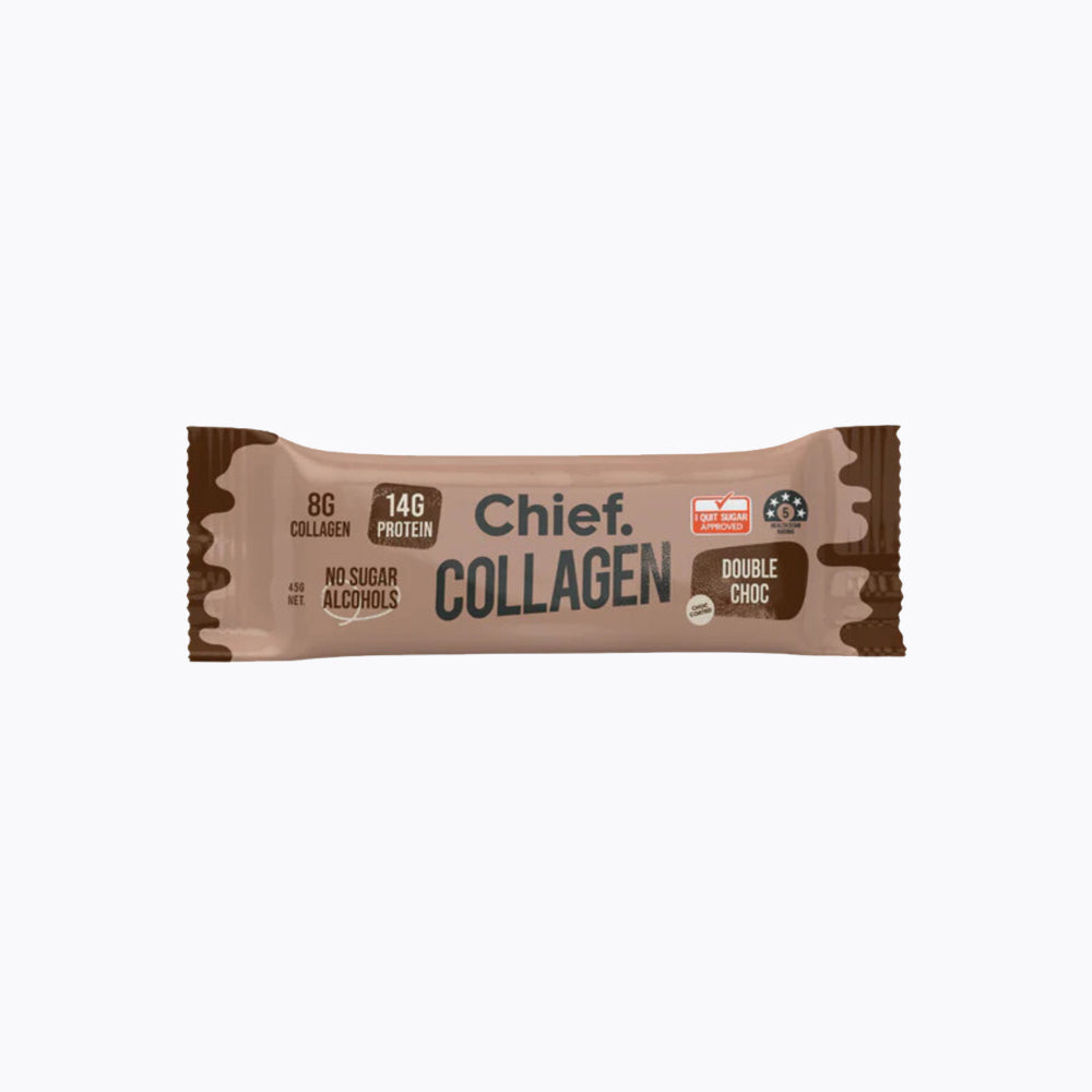 Packaging of Chief Collagen Double Chocolate Protein Bars with various labels such as dairy free, gluten free, grass fed, gut friendly, high protein, keto friendly, low sugar, and refined sugar free.
