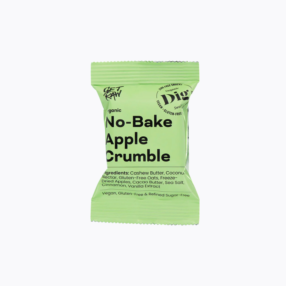Green package of 'No-Bake Apple Crumble' on a white background