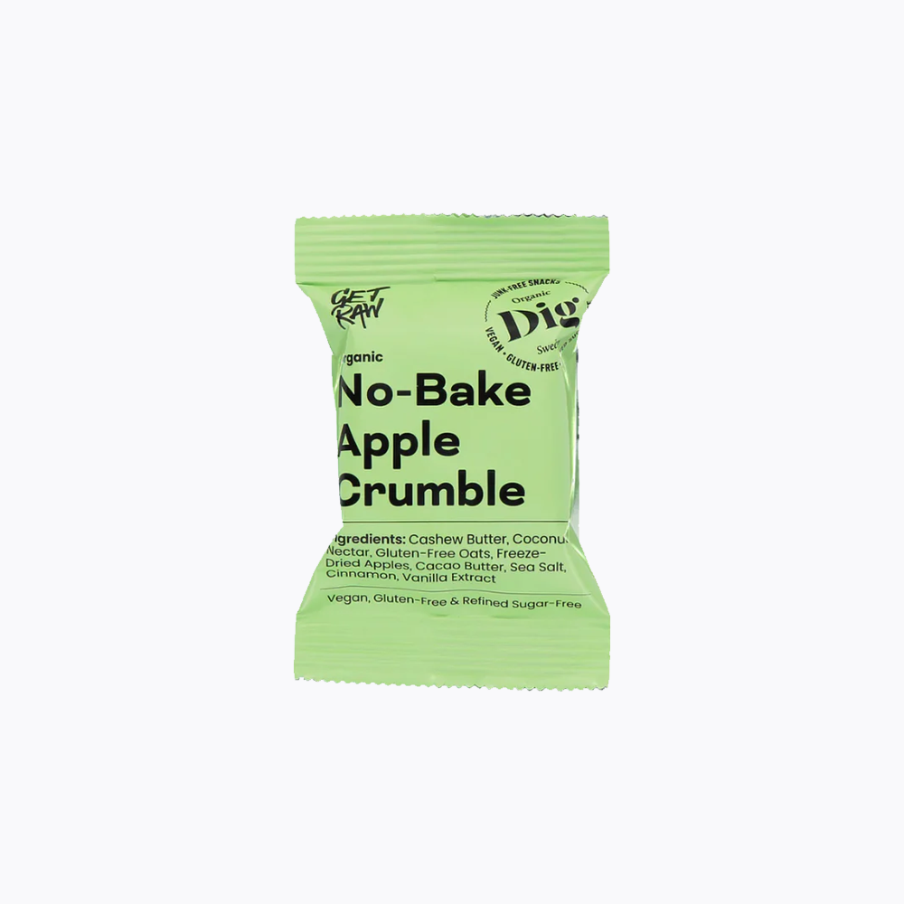 Green package of 'No-Bake Apple Crumble' on a white background