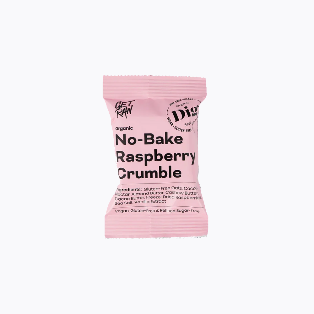 Pink package of Dilo Organic No-Bake Raspberry Crumble on a white background