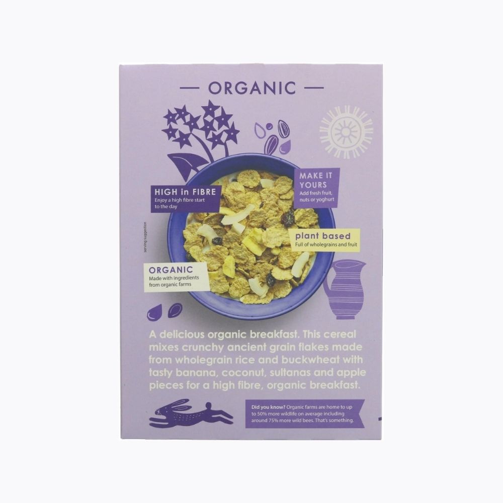 Purple packaging of organic cereal with text and a bowl of cereal on a white background