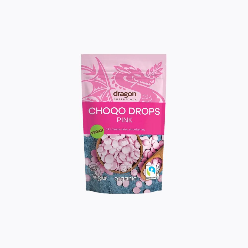Packaging of Dragon Superfoods Choqo Drops Pink on a white background