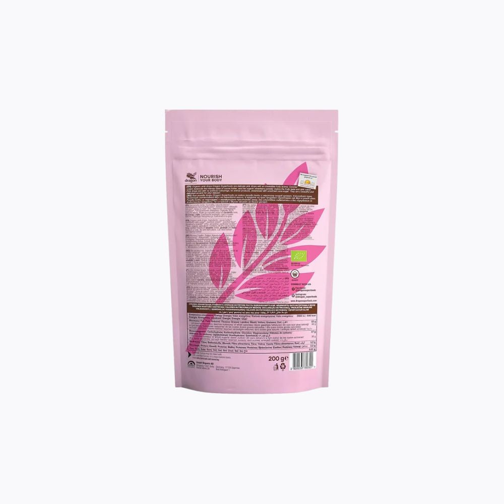 Pink packaging with a leaf design on a white background