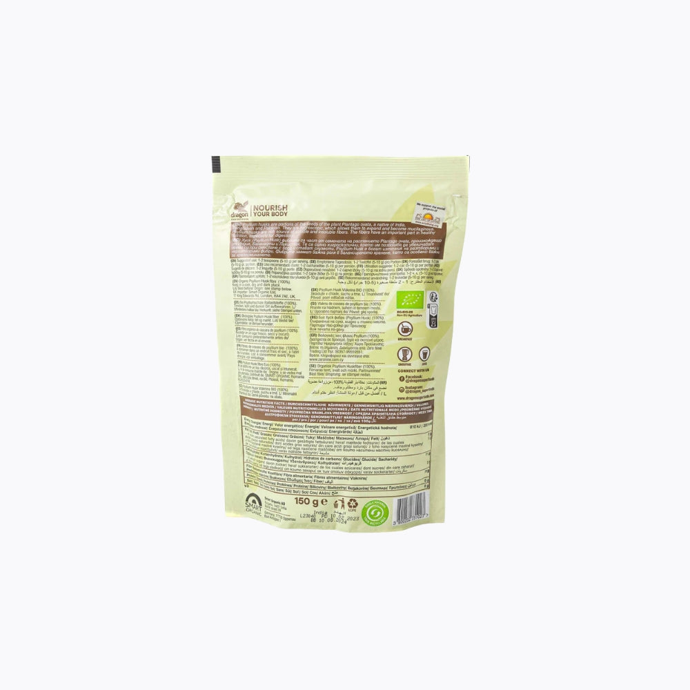 Back view of a food packaging bag with text and logos on a white background