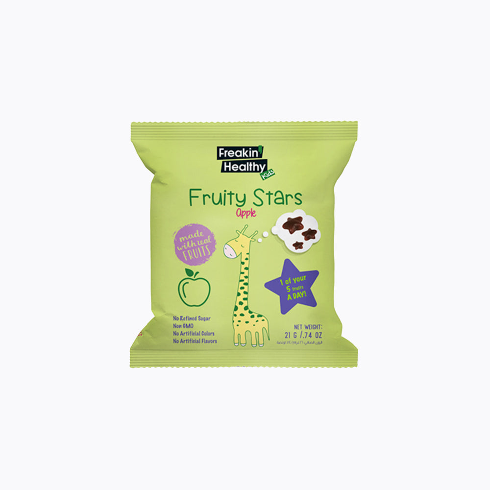 Packaging for Fruity Stars Apple snack by Freakin' Healthy, indicating it is dairy free, gluten free, and vegan.