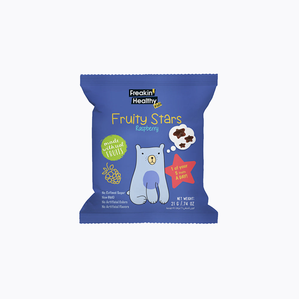A package of Freakin Healthy Fruity Stars Raspberry snack, with a cartoon bear on the front, indicating it is dairy free, plant based, and has no refined sugar.