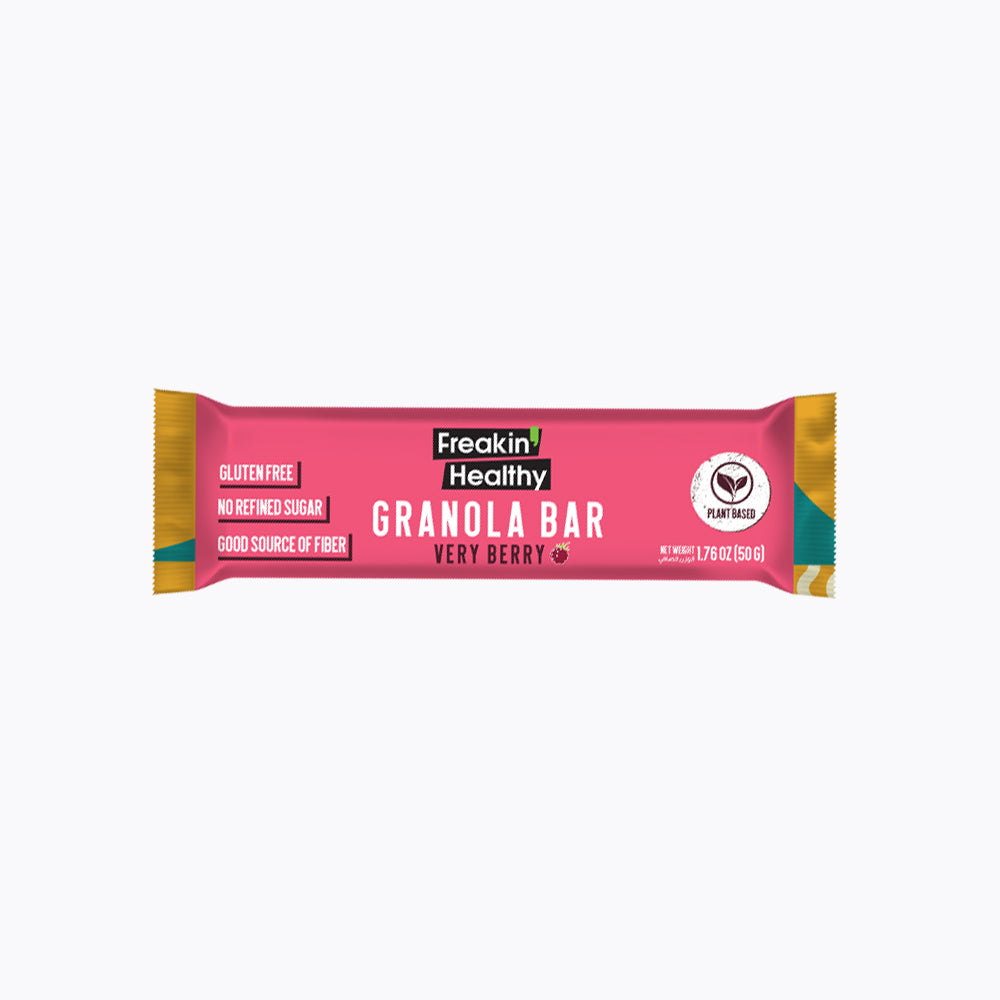 Packaging of Freakin' Healthy Very Berry Granola Bar, indicating gluten-free, high fiber, plant-based, refined sugar-free, and vegan attributes.