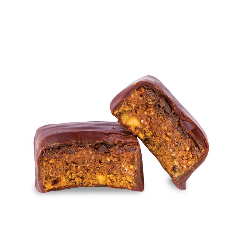 Two chocolate-covered treats with a visible filling on a white background