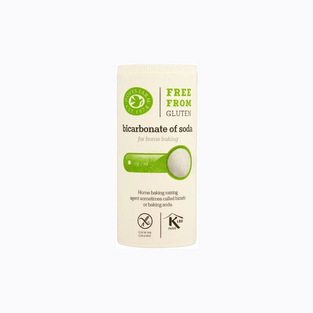 Bicarbonate of soda packaging with green label on a white background