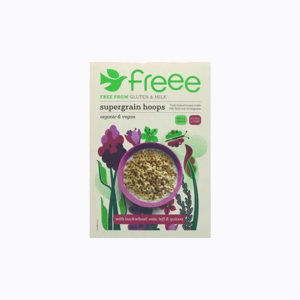 Package of 'freee' supergrain hoops with a bowl of cereal on a white background