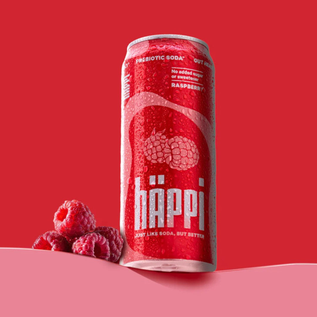 Happi raspberry soda can with raspberries on a red background