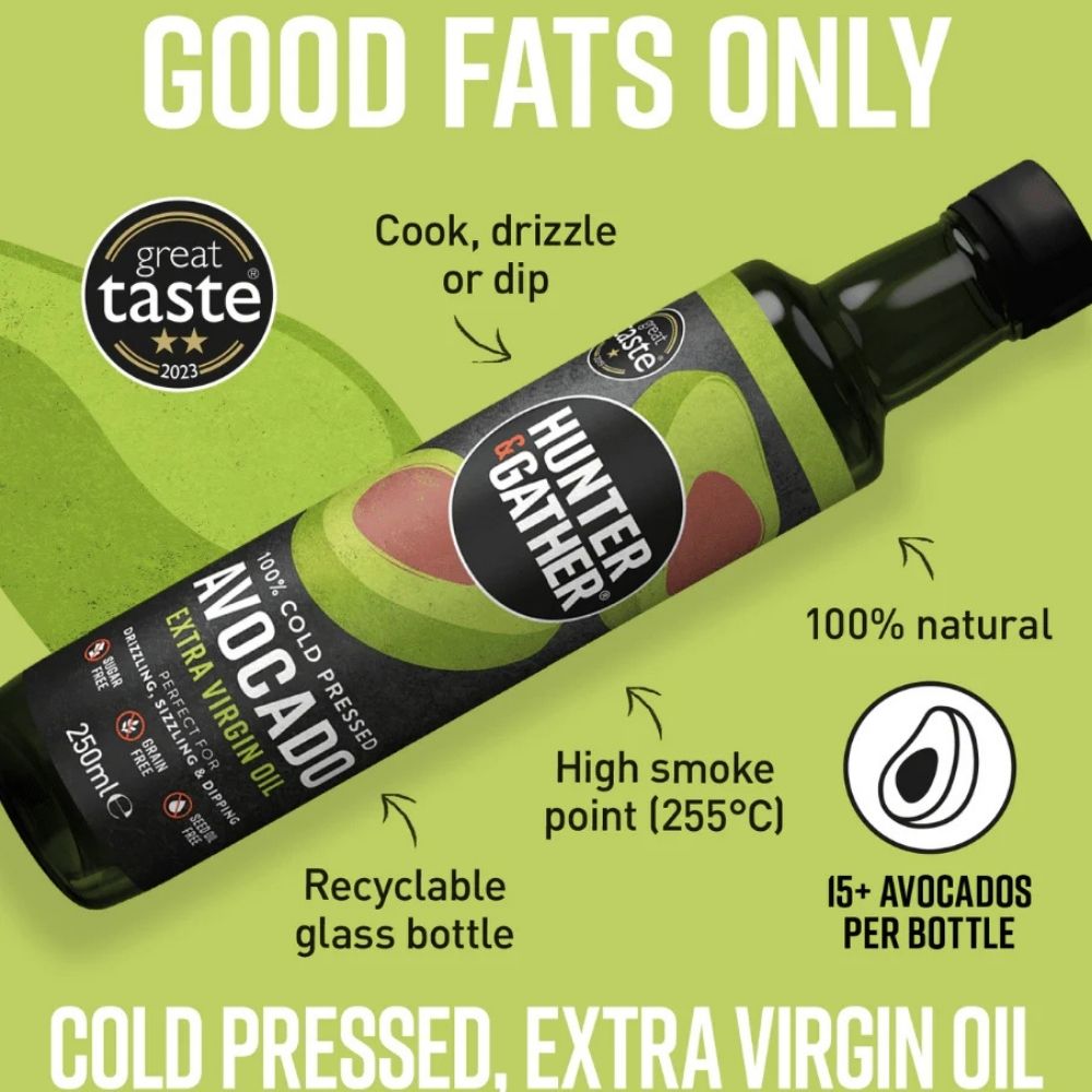 Hunter & Gather avocado oil bottle with features highlighted on a green background