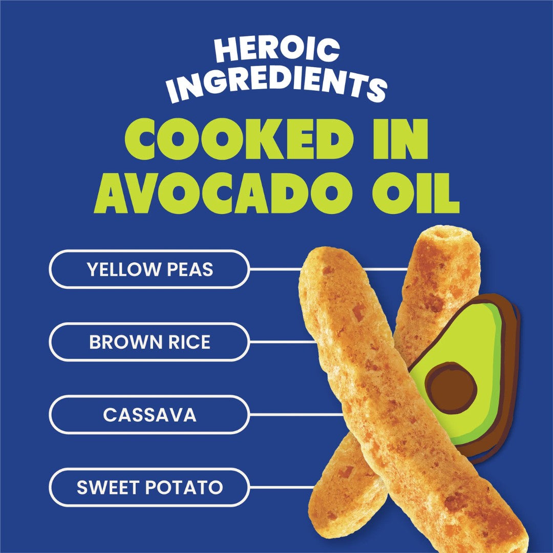 Product packaging with 'Heroic Ingredients' text and list of ingredients on a blue background