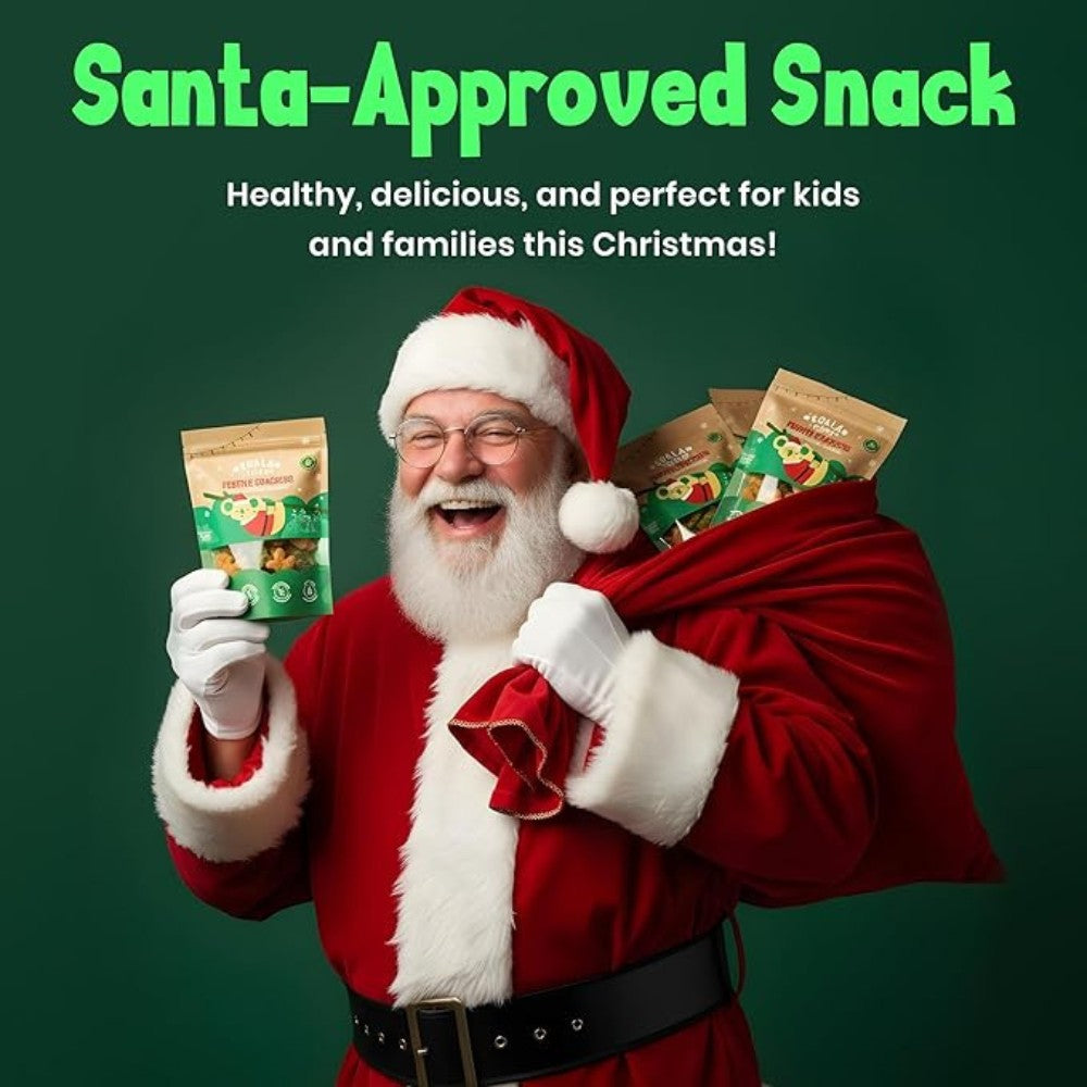 Santa Claus holding a bag of snacks with text about them being 'Santa-Approved Snack'.
