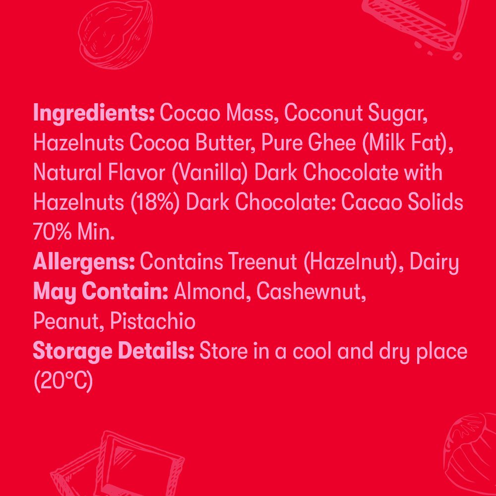 Product label with ingredients, allergens, and storage details on a red background