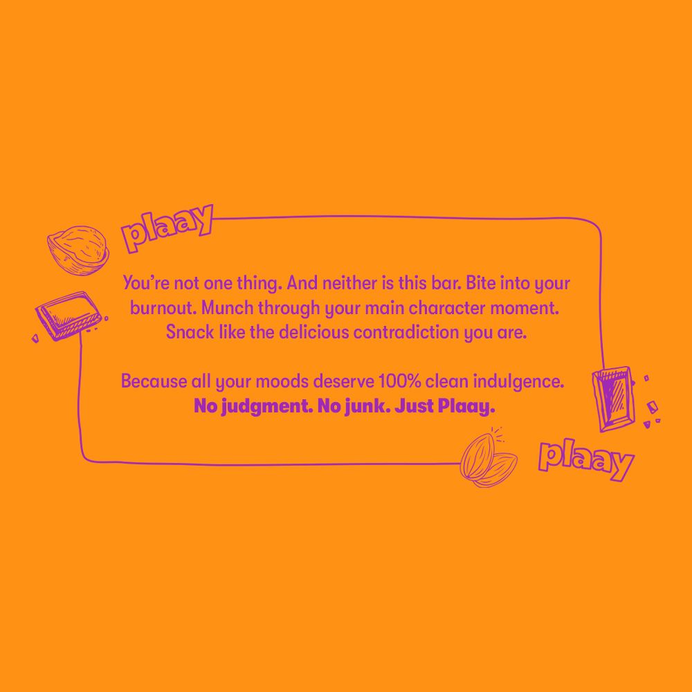 Orange background with purple text and graphics related to a brand named 'plaay'.