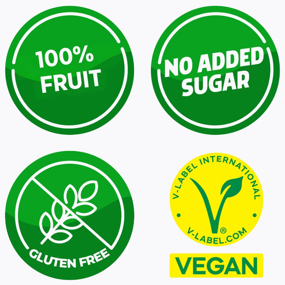 Set of green and yellow food labels indicating '100% Fruit', 'No Added Sugar', 'Gluten Free', and 'Vegan' on a white background.
