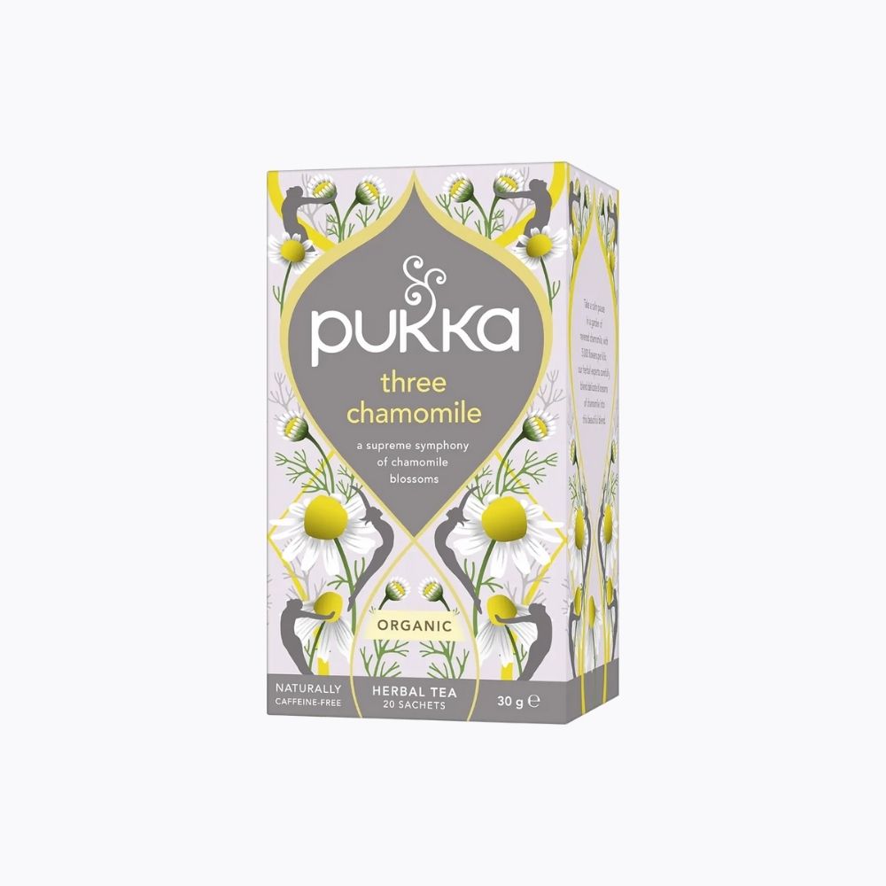 Pukka three chamomile tea box on a white background