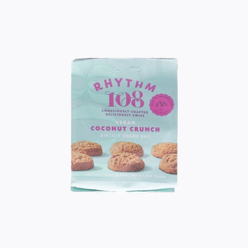 Packaging of Rhythm 108 coconut crunch biscuits on a white background