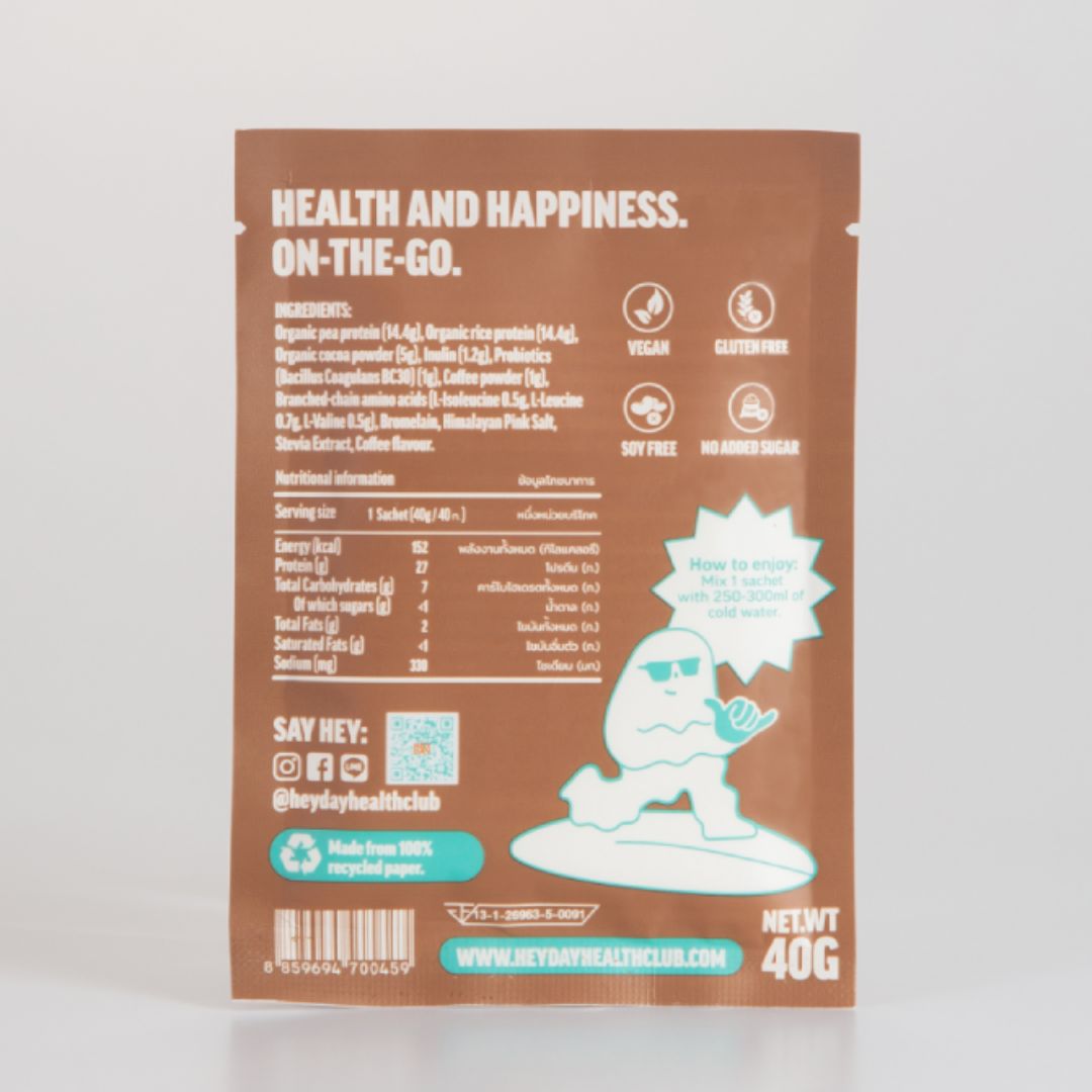 Back of a brown supplement package with text and icons on a white background
