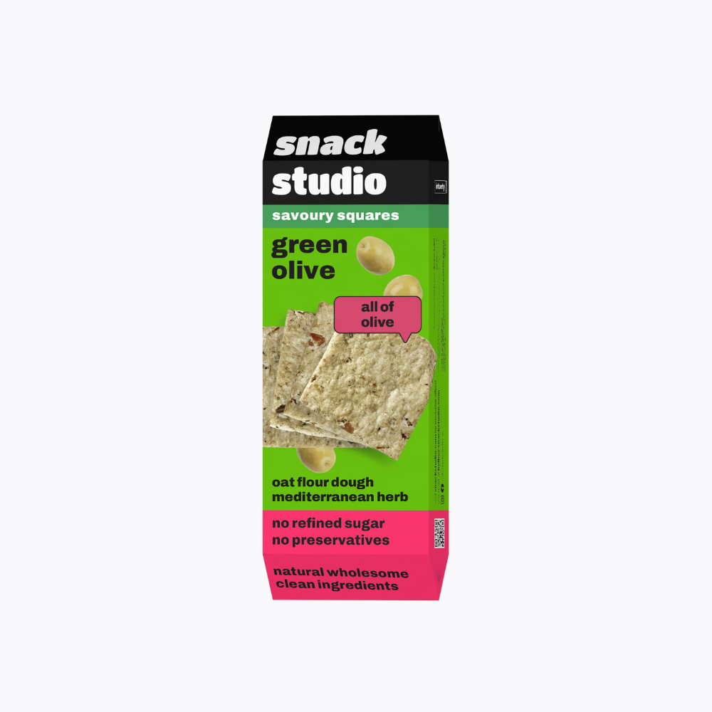 Box of Snack Studio green olive savoury squares on a white background