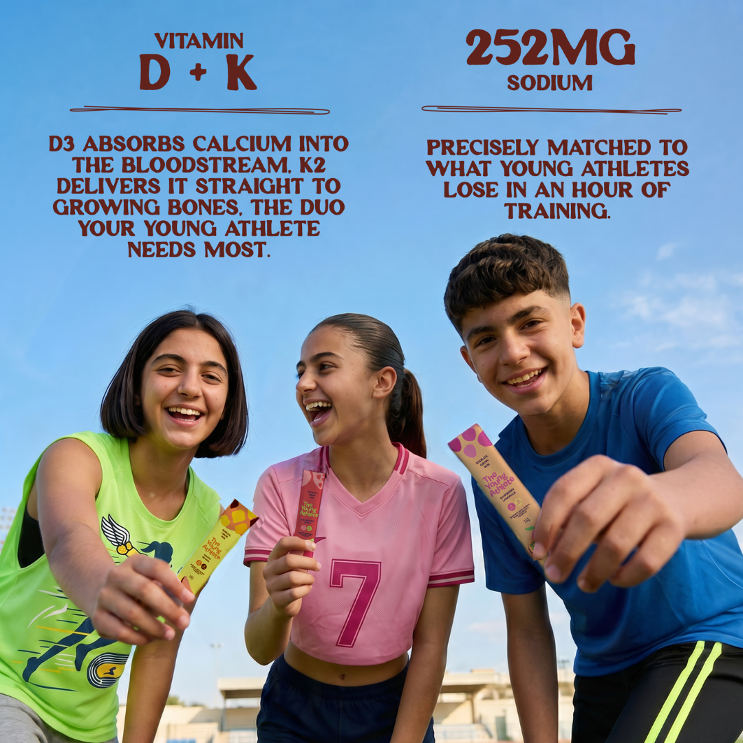Three children in sports attire holding energy bars with text about vitamin D, K, and sodium.