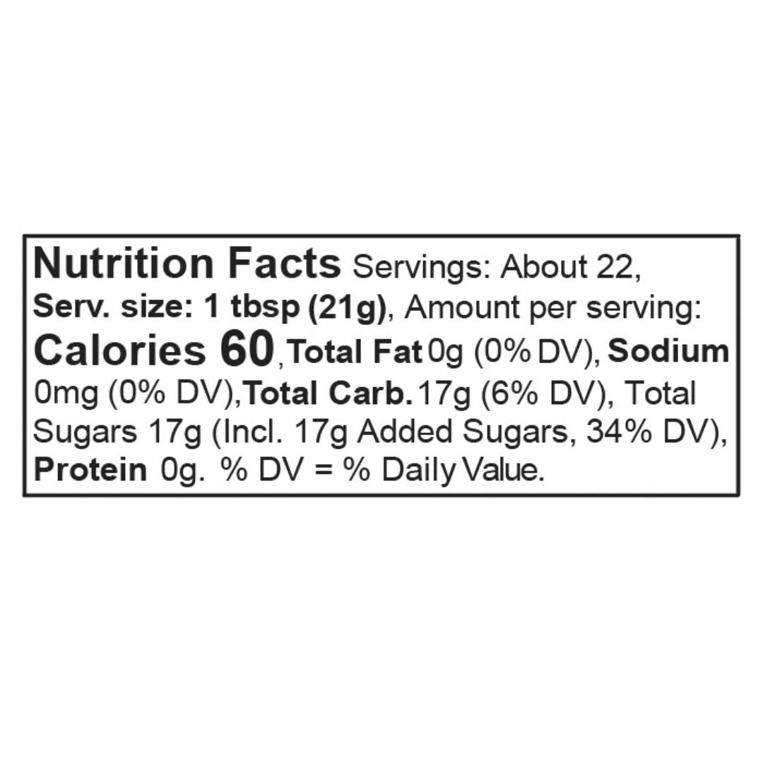 Nutrition facts label for a product with specific calorie count, fat, sodium, carbs, sugars, and protein content.