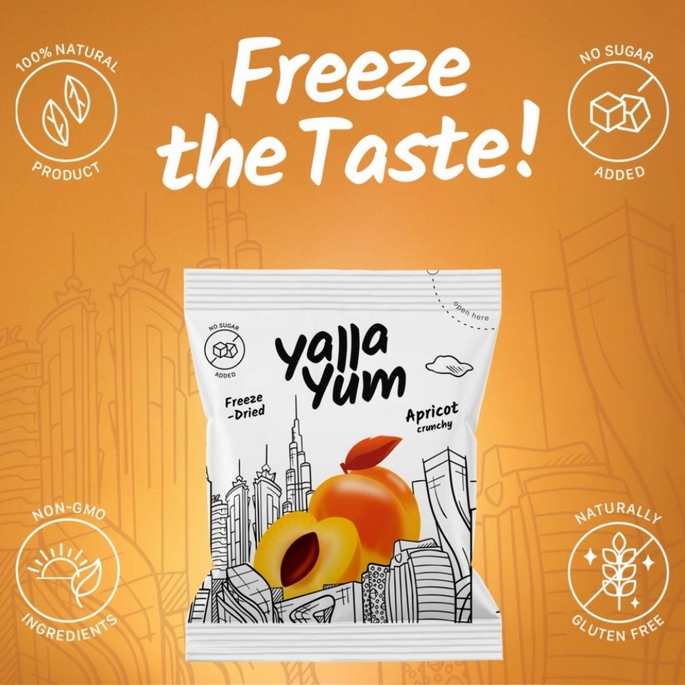 Yalla Yum freeze-dried apricot packaging on an orange background with text about product features.