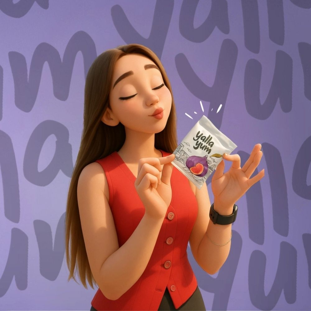 Animated character holding a Yalla Yum snack packet against a purple background with the brand name.