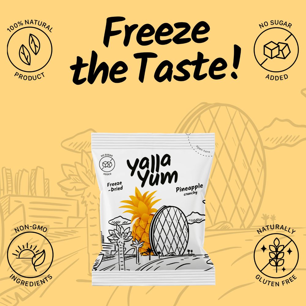 Yalla Yum pineapple snack package with branding and product information on a yellow background
