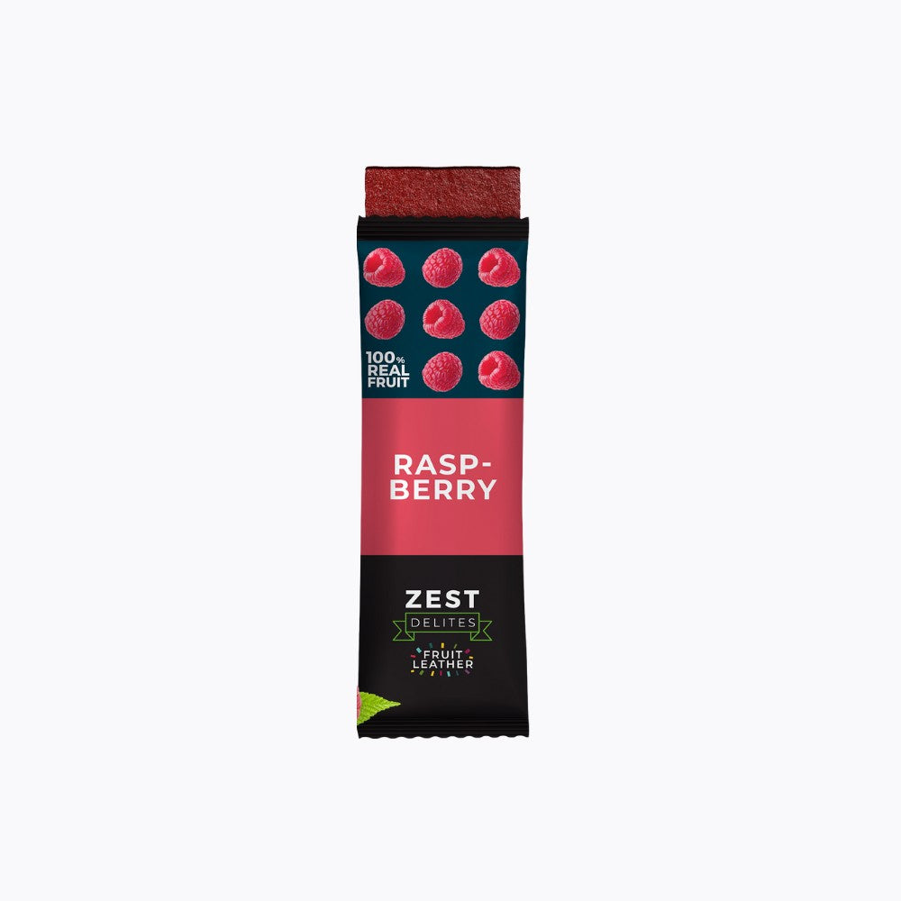 Raspberry fruit leather strip with 'Zest Delites' branding on a white background