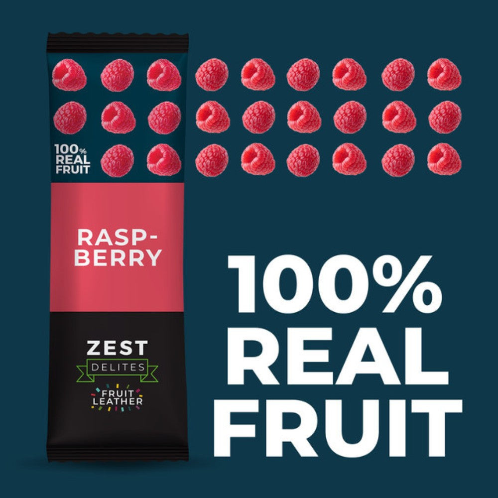 Zest Delites raspberry fruit leather package with raspberries on a dark blue background