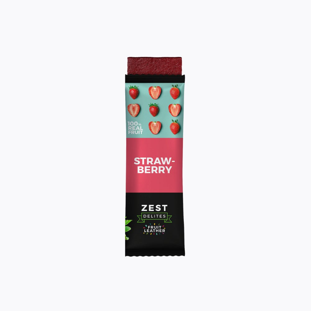 Zest Delites strawberry fruit strip packaging on a white background