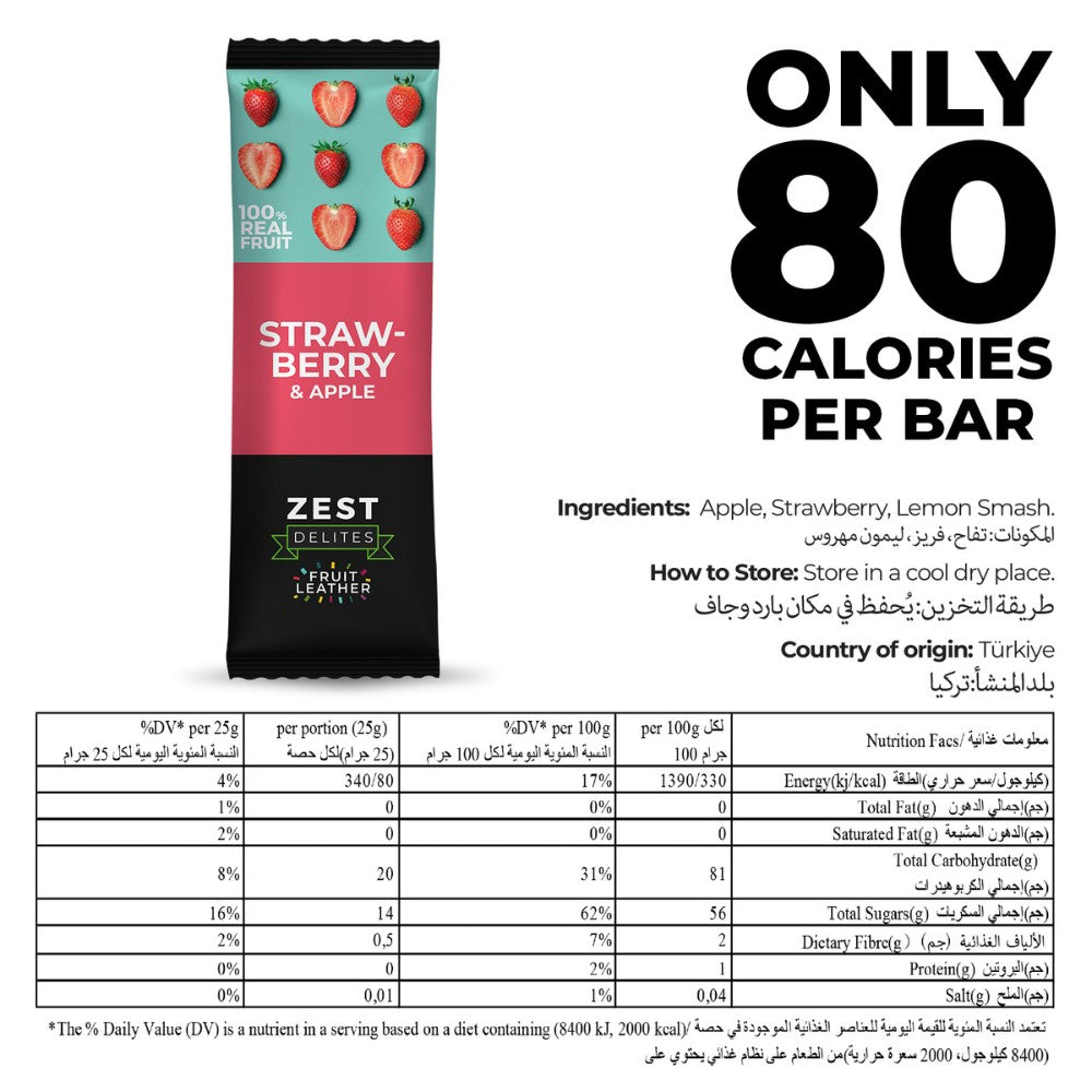 Zest Delites strawberry and apple fruit leather package with nutritional information.