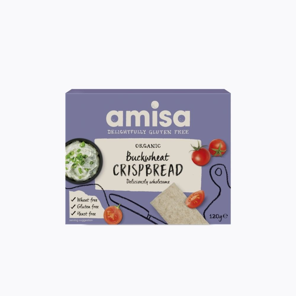 Amisa organic buckwheat crispbread packaging on a white background
