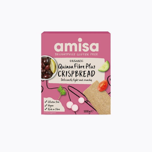 Amisa organic quinoa fibre plus crispbread packaging on a white background