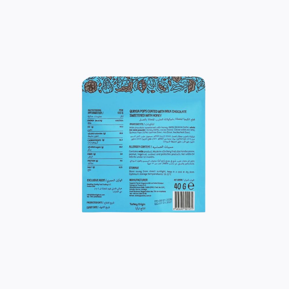 The back of a light blue chocolate package with dense black and white text, a decorative brown and blue patterned top border, and a barcode near the bottom right, shown on a plain white background.