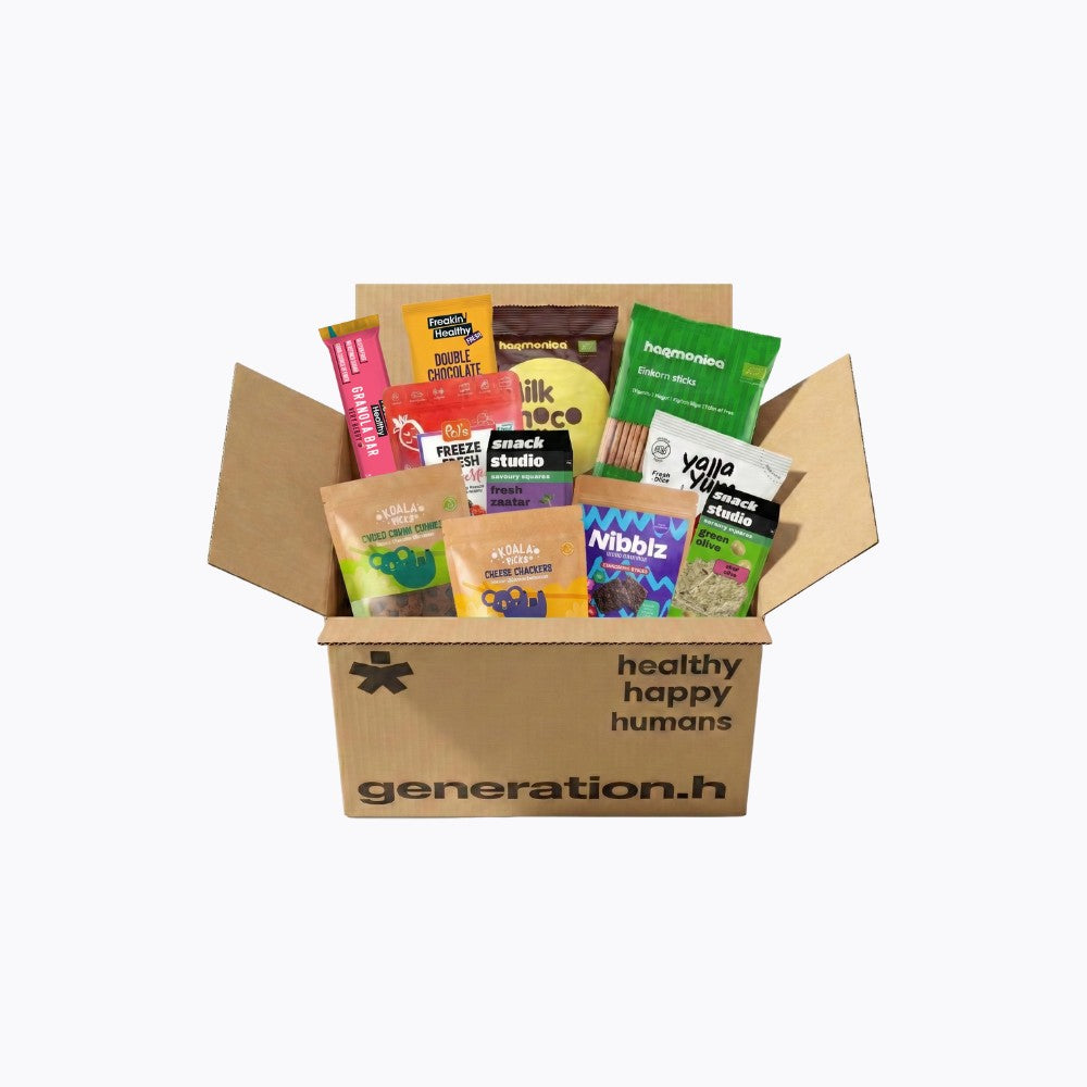 Cardboard box filled with various snack packets on a white background, featuring the brand 'generation.h'.