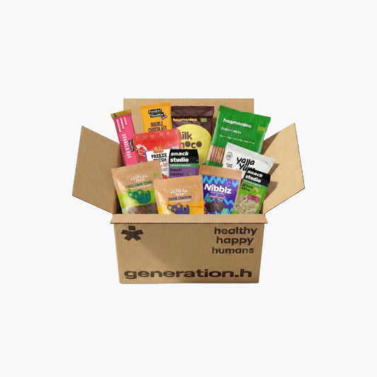 Cardboard box filled with various snack packets on a white background, featuring the brand 'generation.h'.