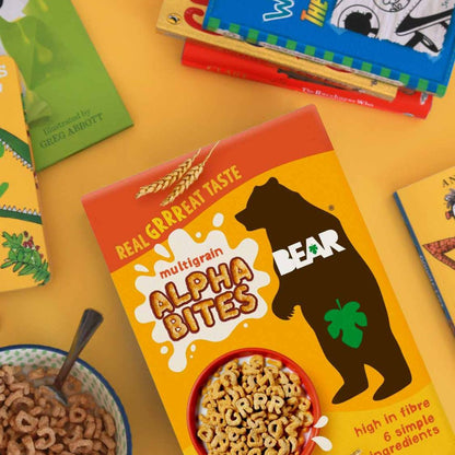 Cereal box with bear design on a yellow background