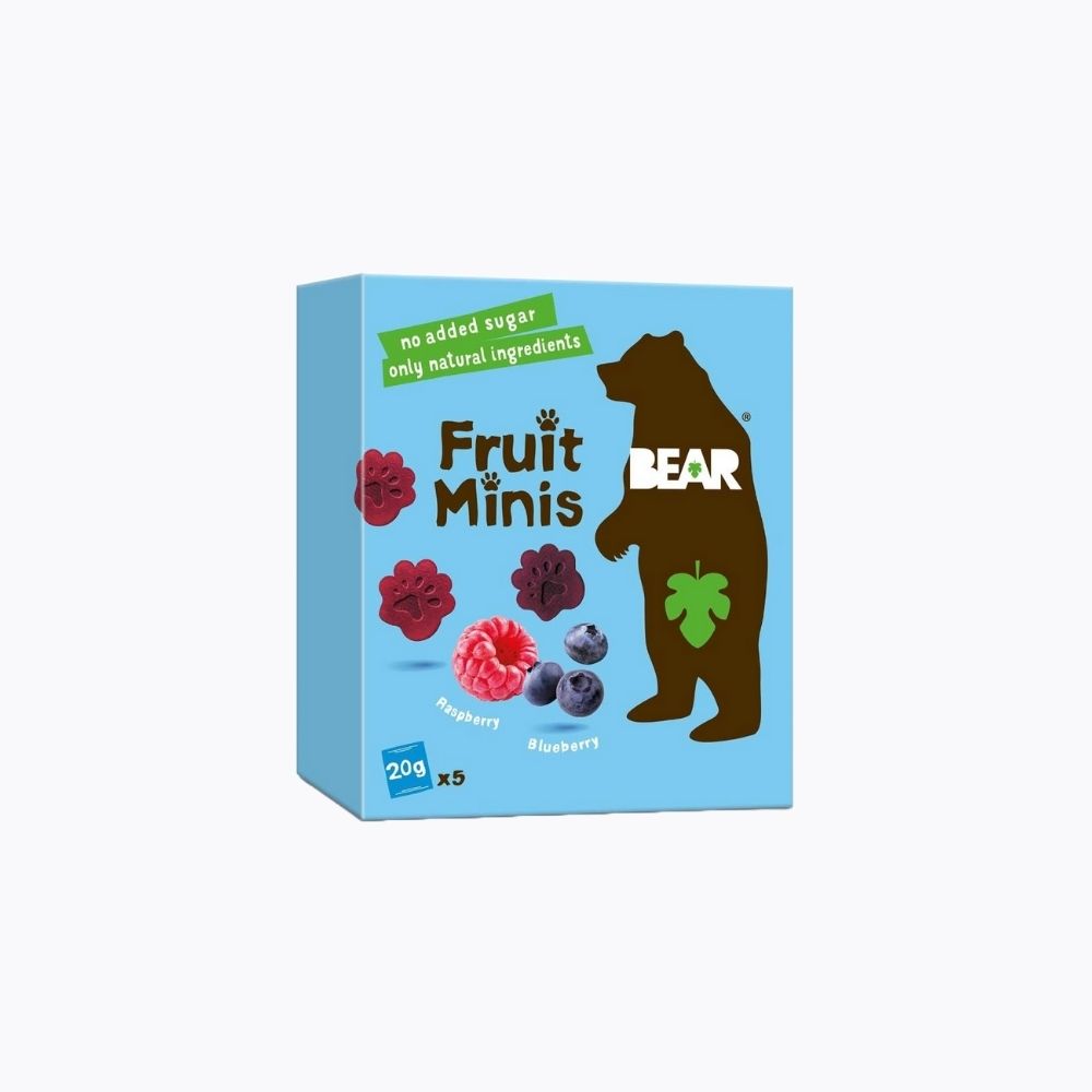 Box of Bear Fruit Minis with blue background and bear illustration