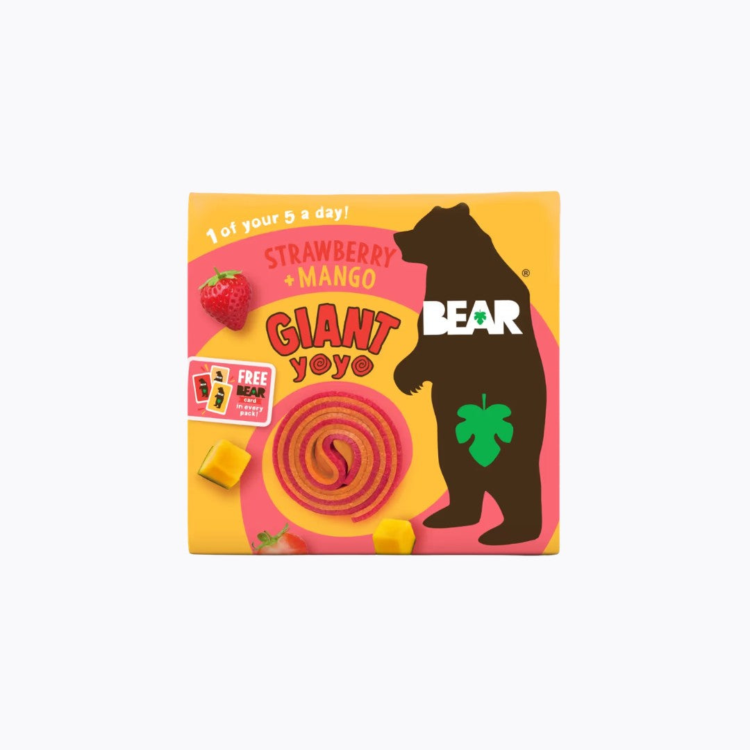 Giant Yoyo Strawberry Mango flavor packaging with bear illustration on a white background