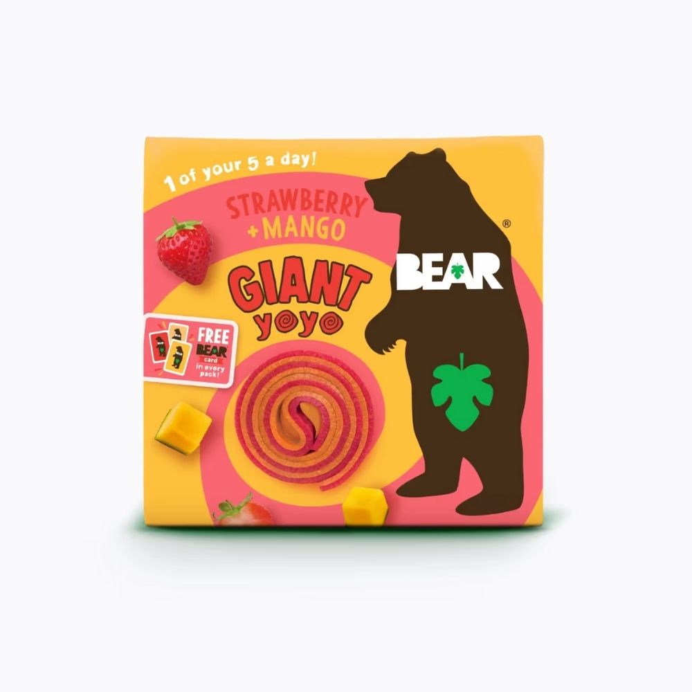Giant Yoyo Strawberry Mango flavor packaging with bear illustration on a white background