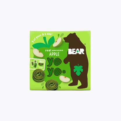 Green packaging of BEAR apple yo-yos with a bear illustration on a white background